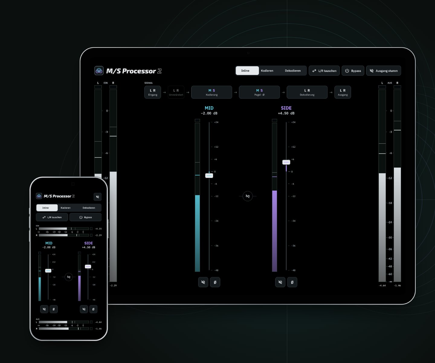 M/S Processor 2 auf iPad und iPhone: Ein- und Ausgangsanzeigen, die Fader für Mitte und Seite über ihren Anzeigen