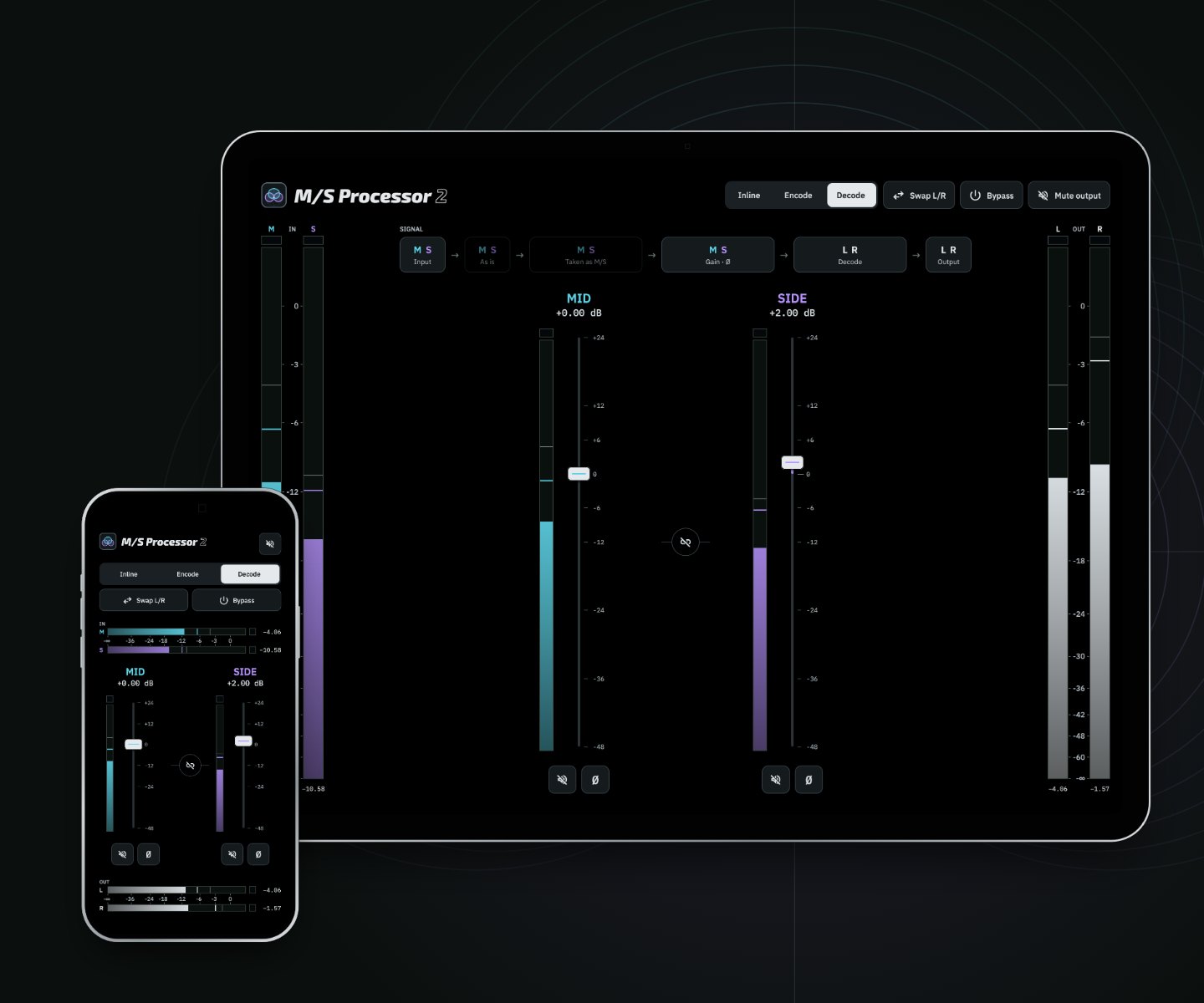 M/S Processor 2 decoding a mid/side pair on iPad and iPhone: the inputs read M and S