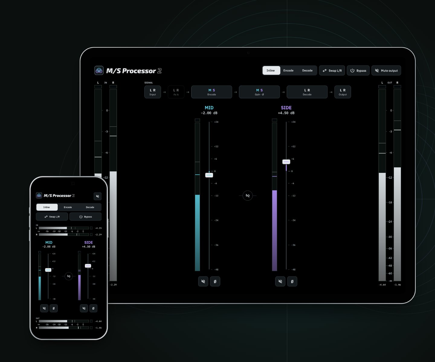 M/S Processor 2 on iPad and iPhone: input and output meters, the mid and side faders over their meters