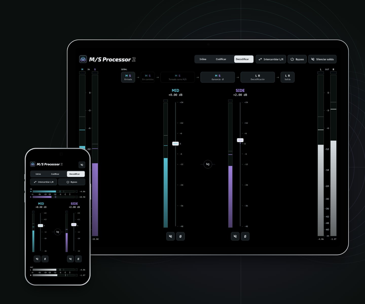 M/S Processor 2 decodificando un par mid/side en iPad e iPhone: las entradas marcan M y S