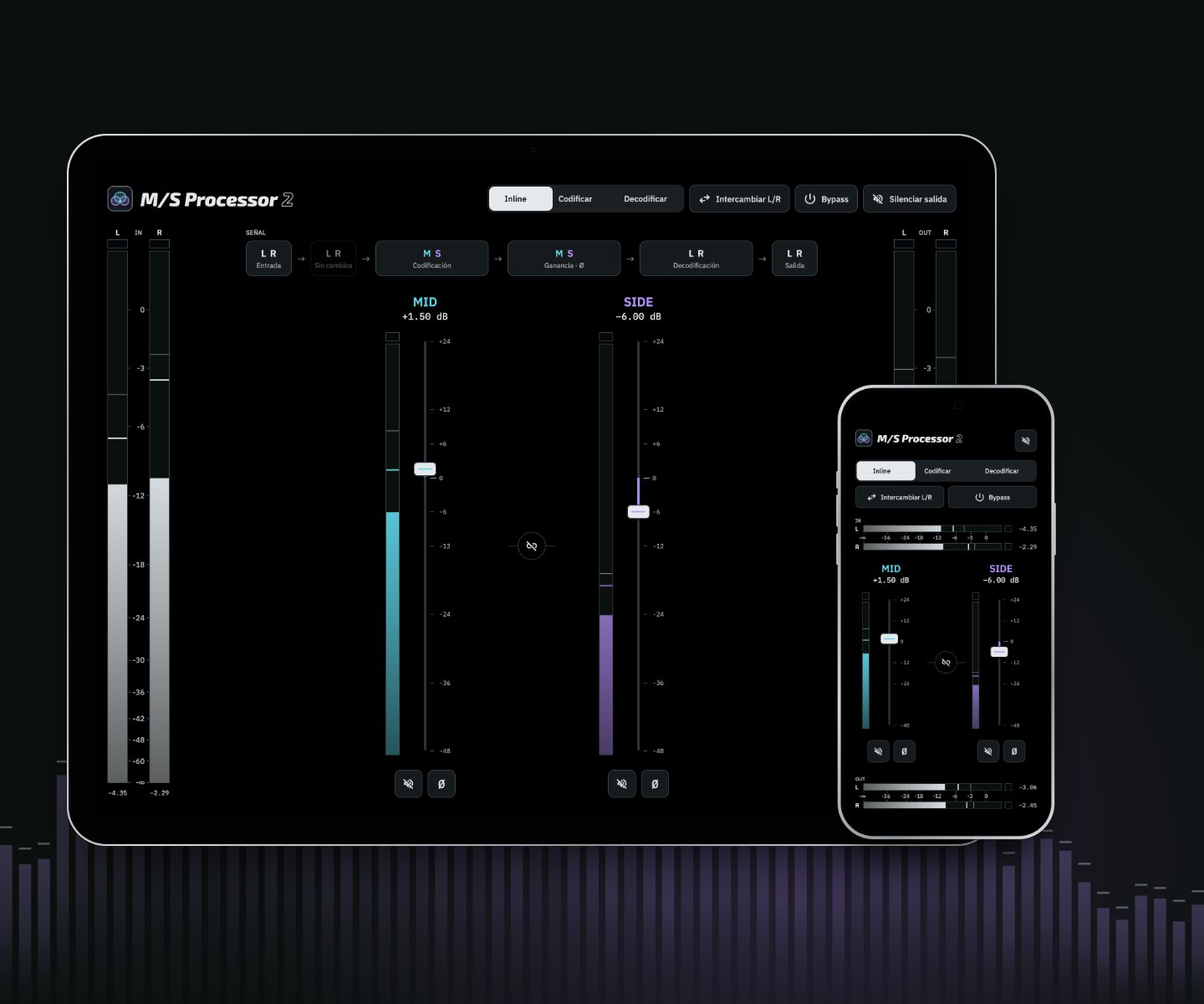 M/S Processor 2 por sí solo en iPad e iPhone, estrechando una fuente estéreo