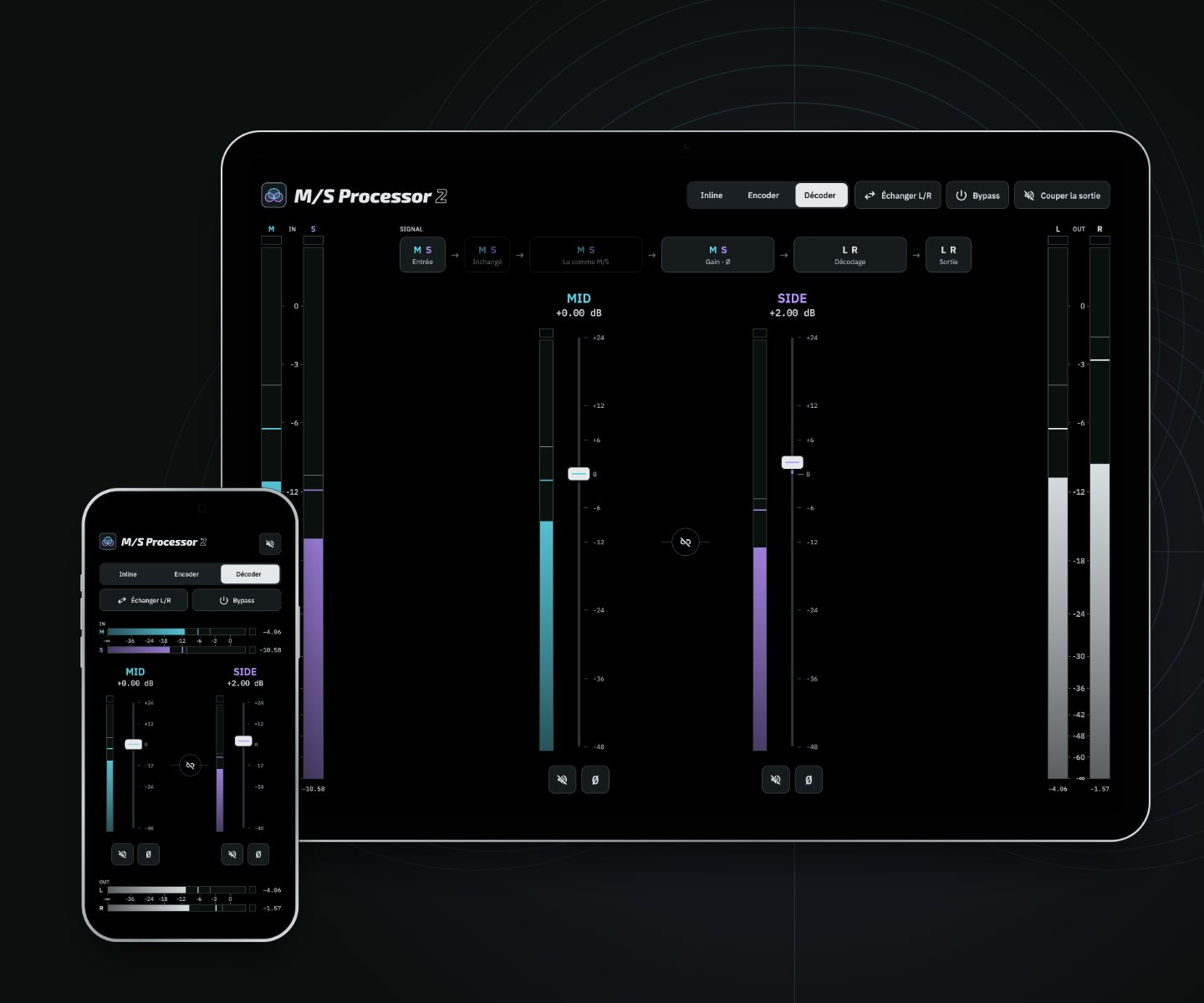 M/S Processor 2 décodant un couple mid/side sur iPad et iPhone : les entrées indiquent M et S