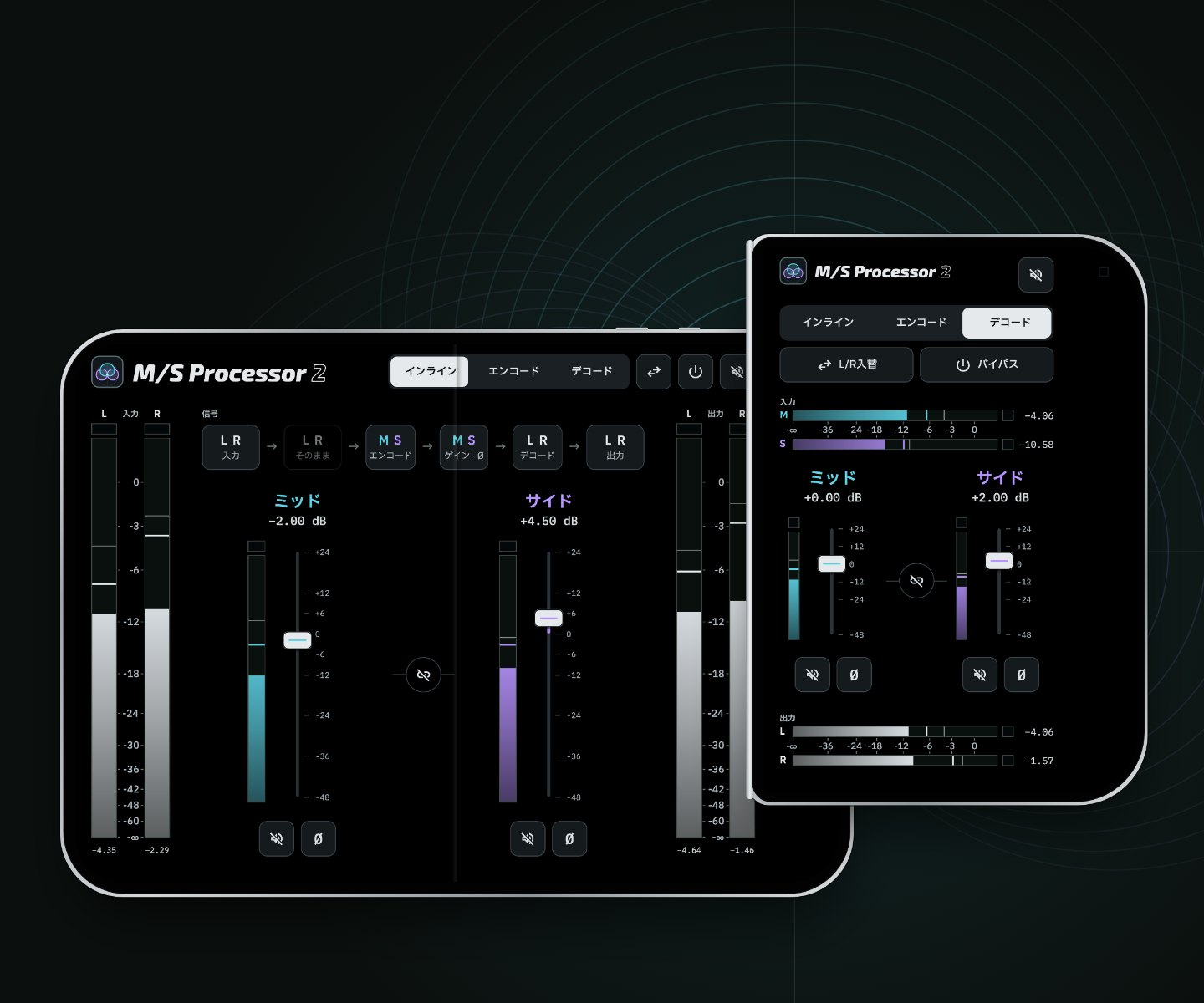 開いた状態と折りたたんだ状態のiPhone DuoのM/S Processor 2