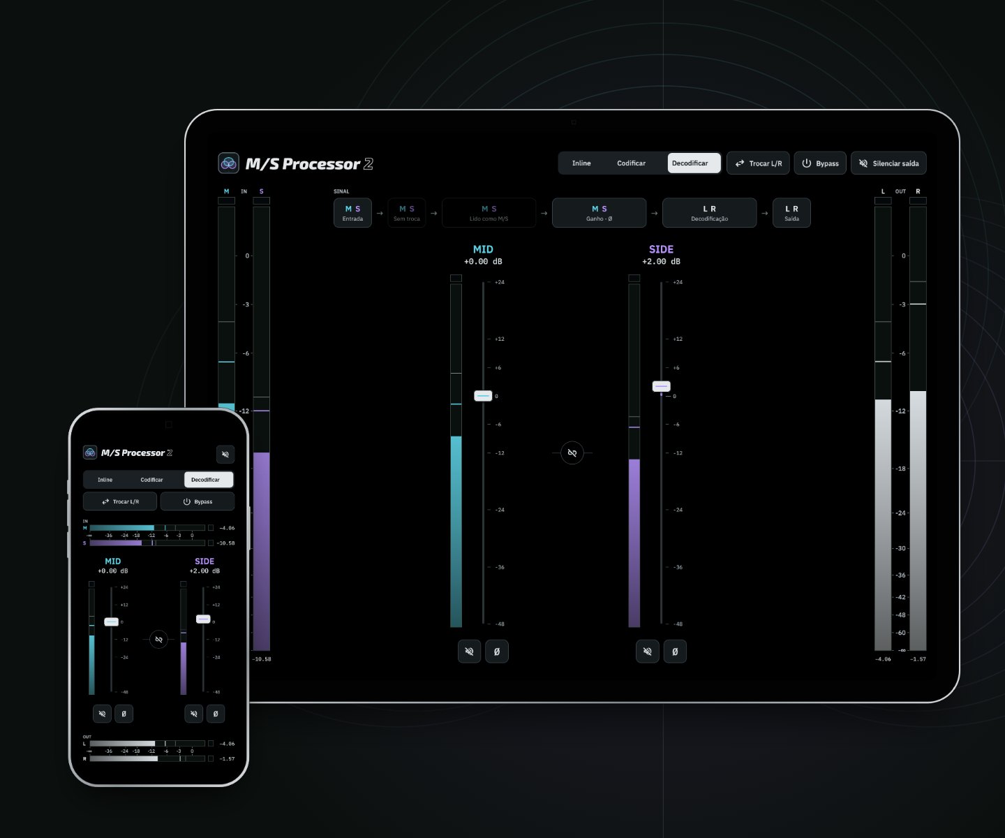 M/S Processor 2 decodificando um par mid/side no iPad e no iPhone: as entradas mostram M e S
