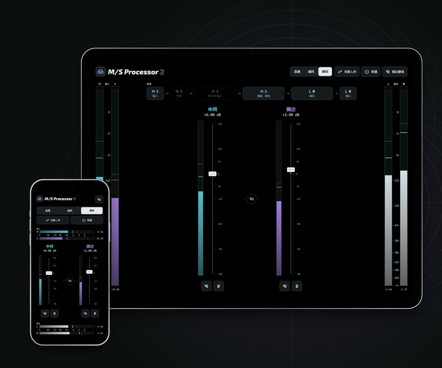 M/S Processor 2 在 iPad 和 iPhone 上解码中间/侧边麦克风对:输入标为 M 和 S