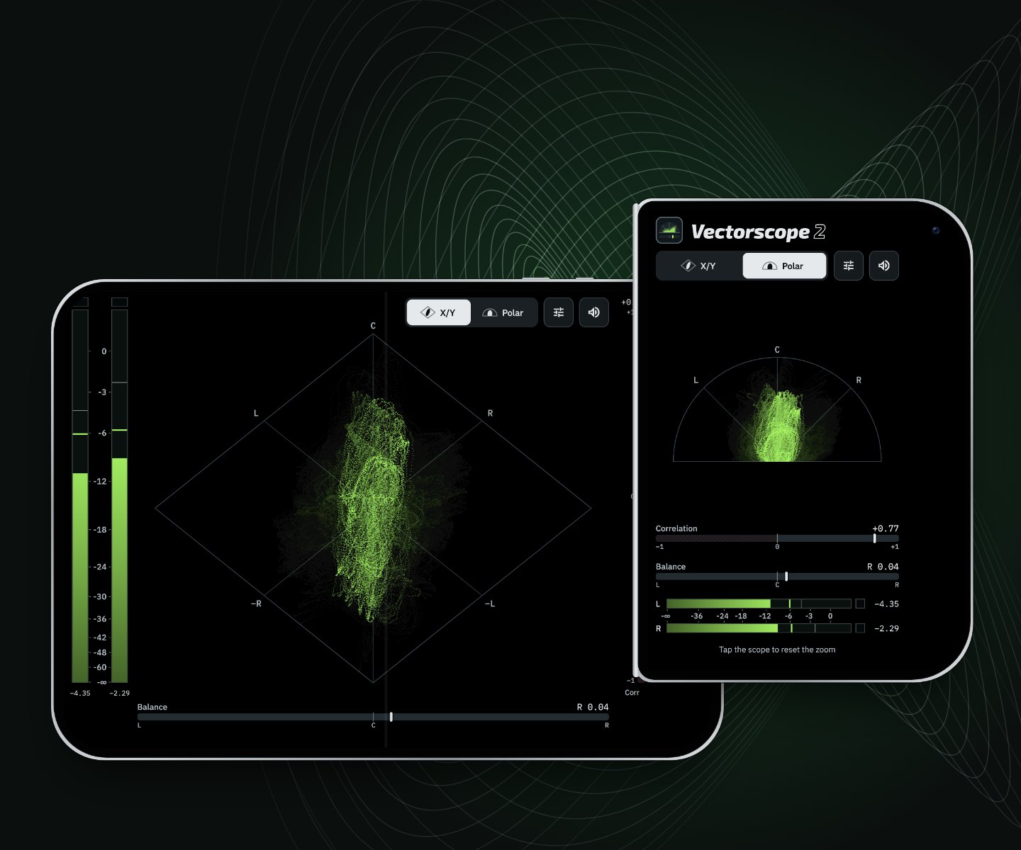 Vectorscope 2 on iPhone Duo, open in X/Y and folded in polar view