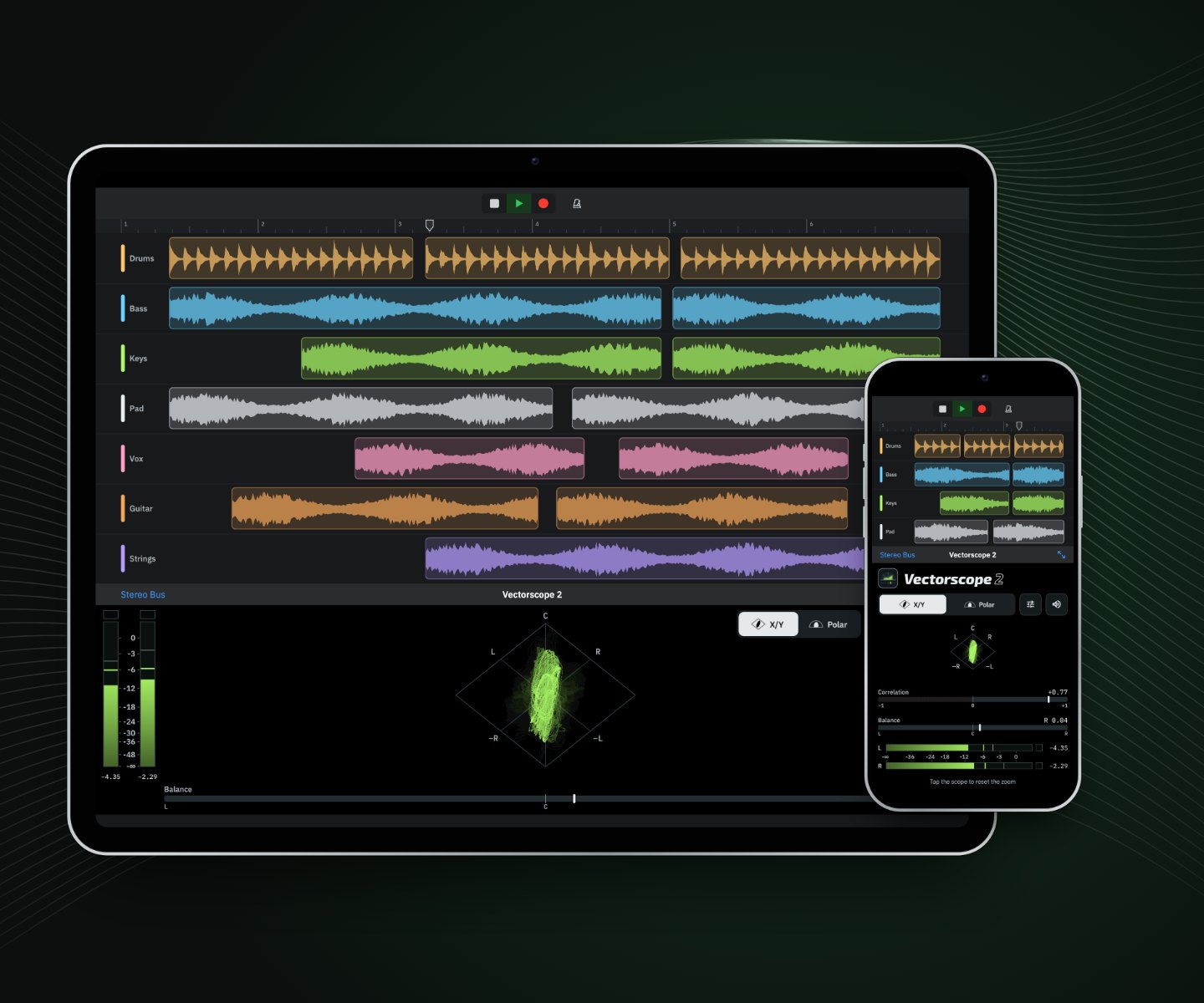 Vectorscope 2 as an audio unit under a host's tracks on iPad, and in a panel on iPhone