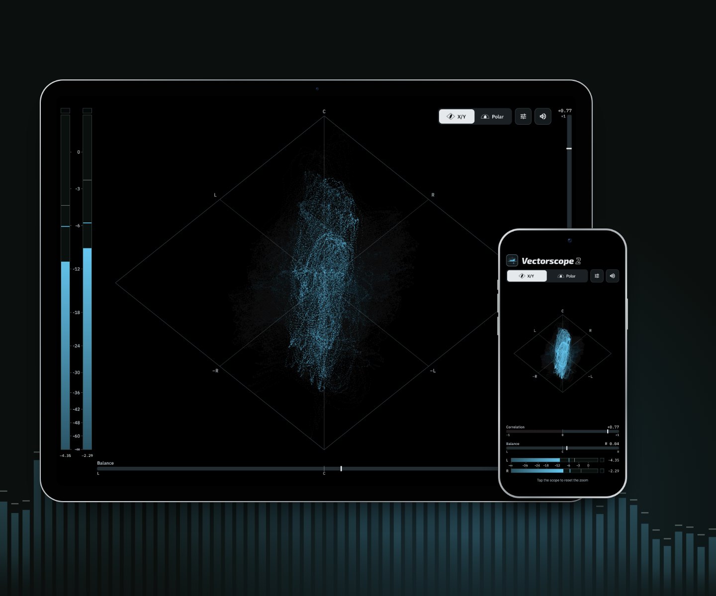 Vectorscope 2 on its own on iPad and iPhone, with a cyan trace