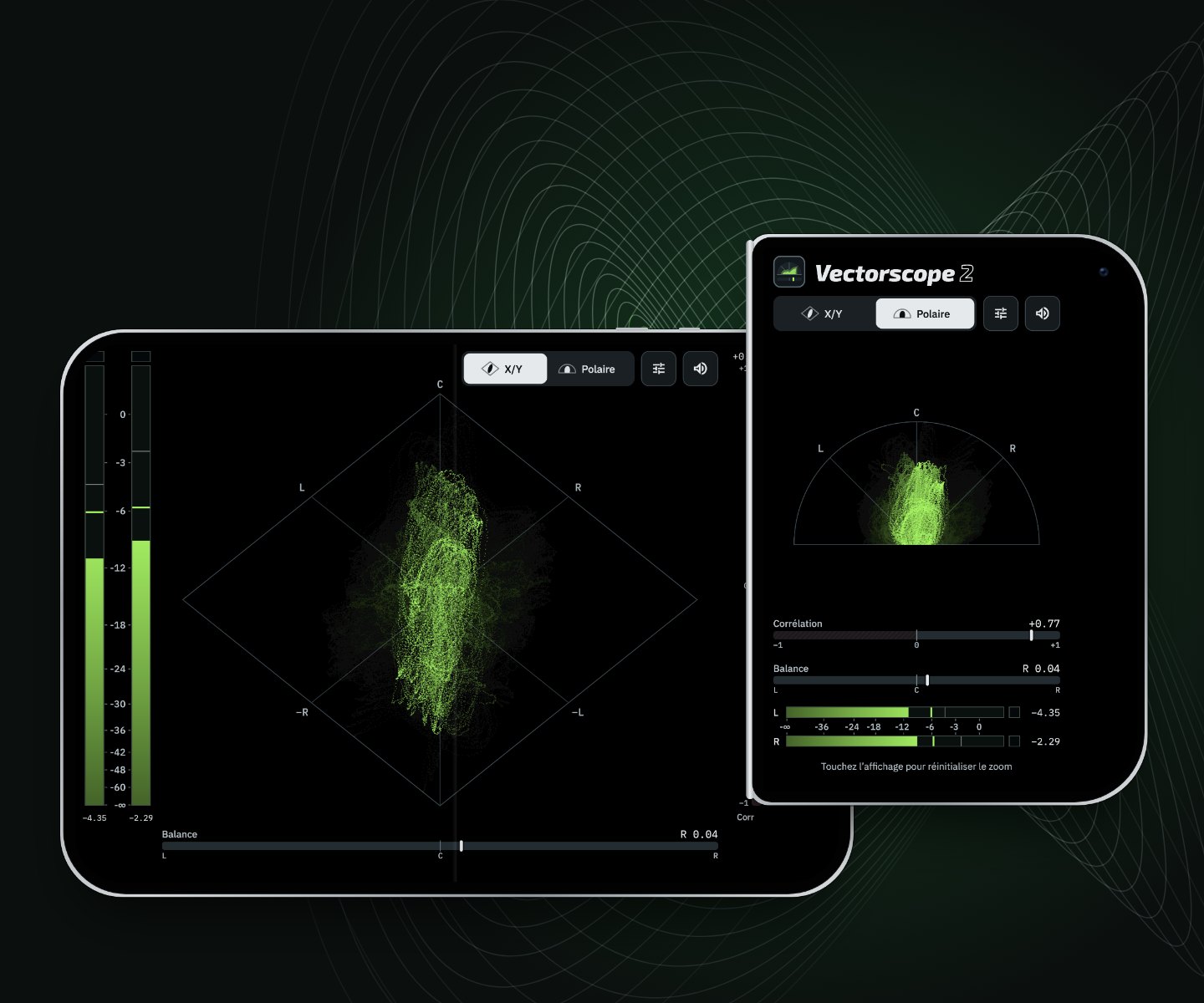 Vectorscope 2 sur iPhone Duo, ouvert en X/Y et plié en vue polaire