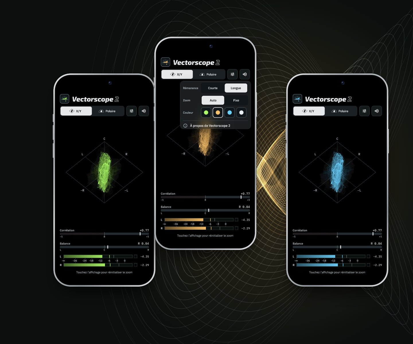 Trois iPhone avec un tracé vert, ambre et cyan ; celui du milieu a les options d’affichage ouvertes