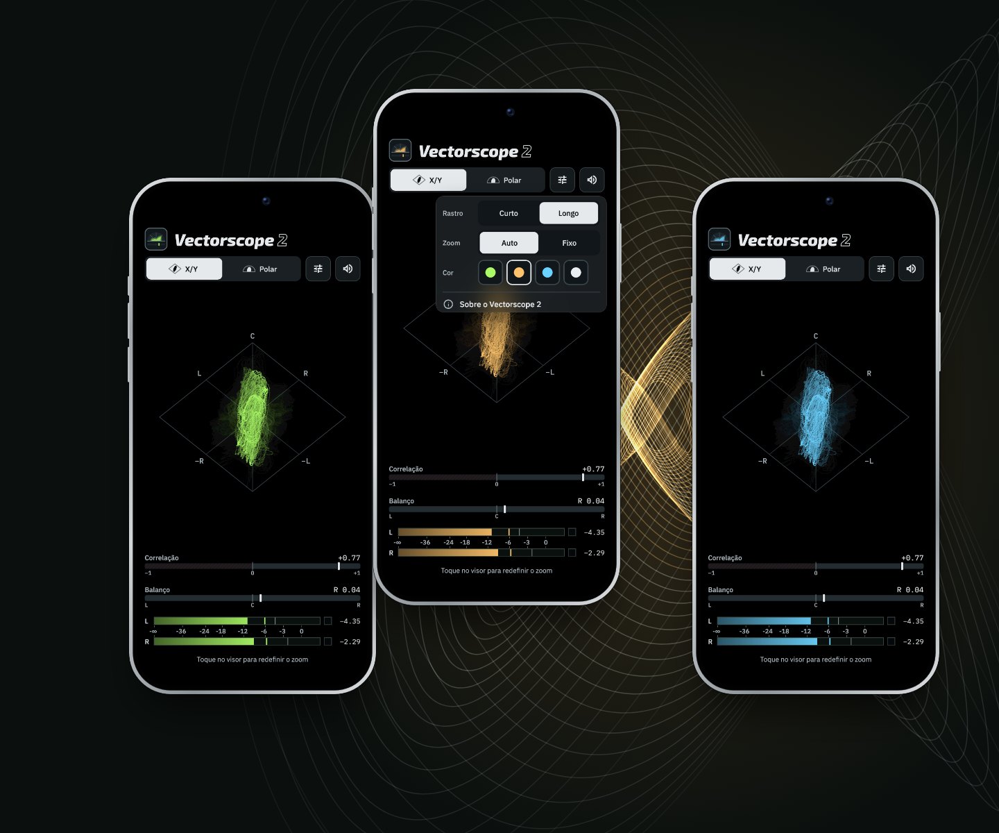 Três iPhones com traço verde, âmbar e ciano; o do meio está com as opções de exibição abertas