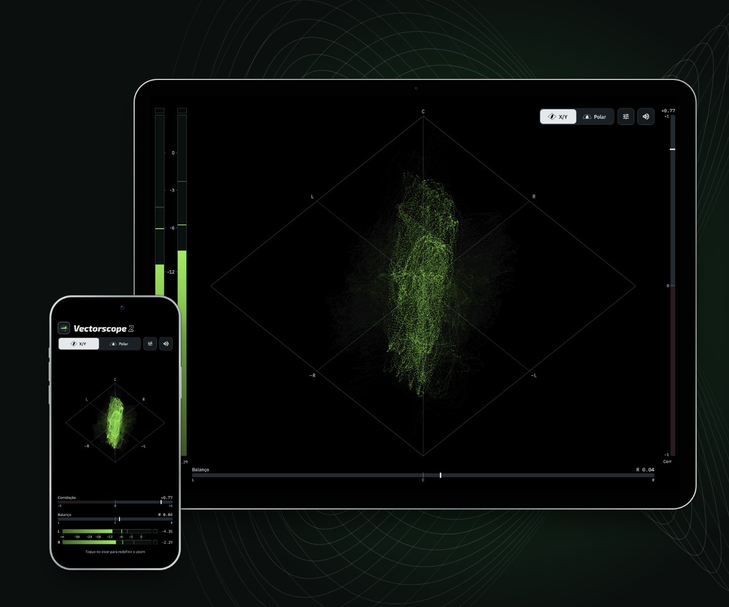 Vectorscope 2 no iPad e no iPhone: medidores de nível, o goniômetro X/Y, a correlação e o balanço